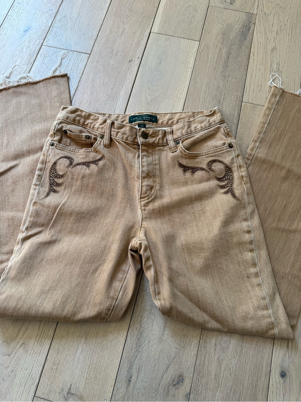Women’s Tan Embroidered Jeans - Stylish Casual Fit - Picture 4 of 10